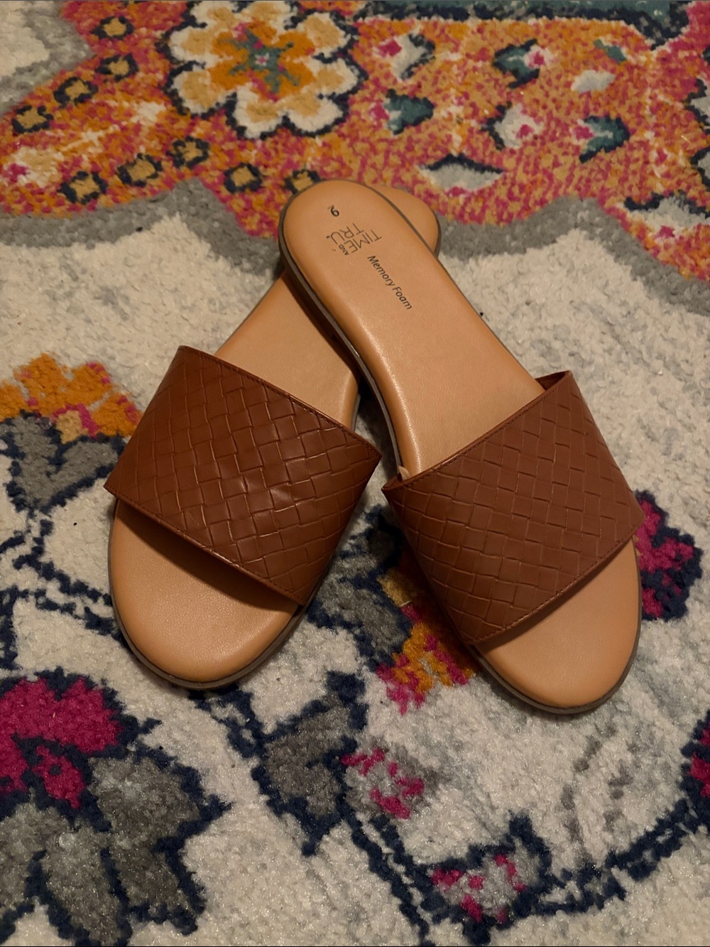 Time and Tru Brown Woven Slide Sandals
